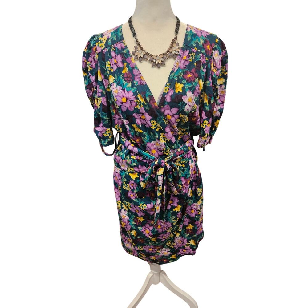 Happy nature wrap mini dress purple floral Womens Large garden cottage flirty